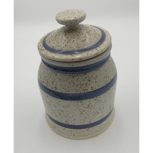 Vintage Art Pottery Sugar Jar with Lid white and blue strapes with brown dots - Picture 4 of 10